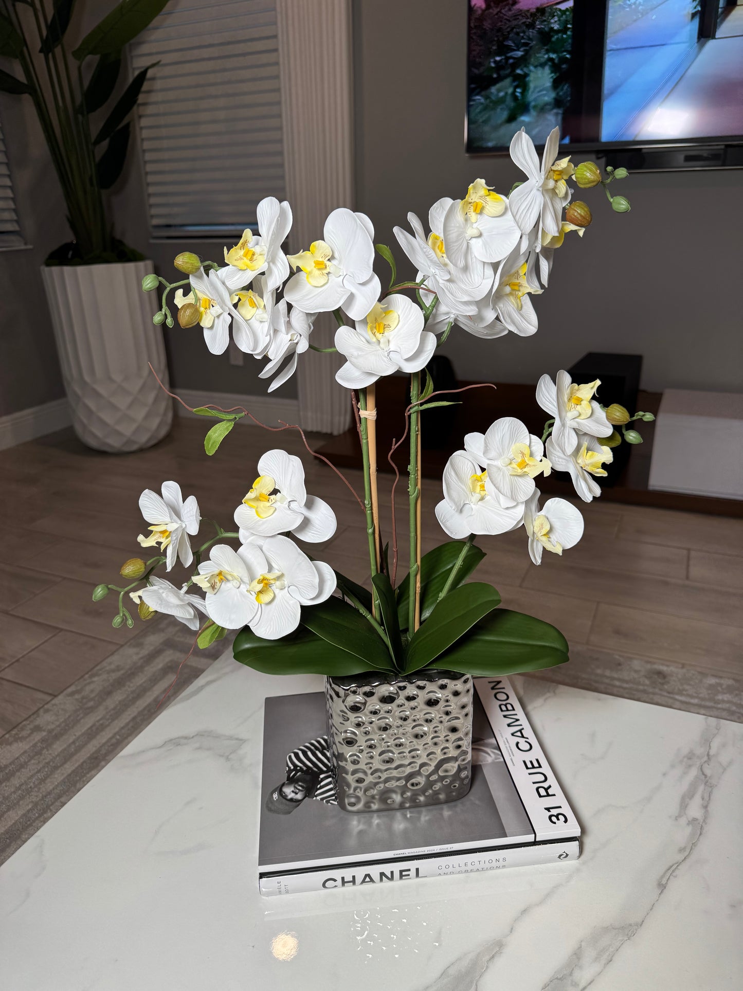 Amelie Silk Phalaenopsis Orchid Arrangement Silver Ceramic Vase