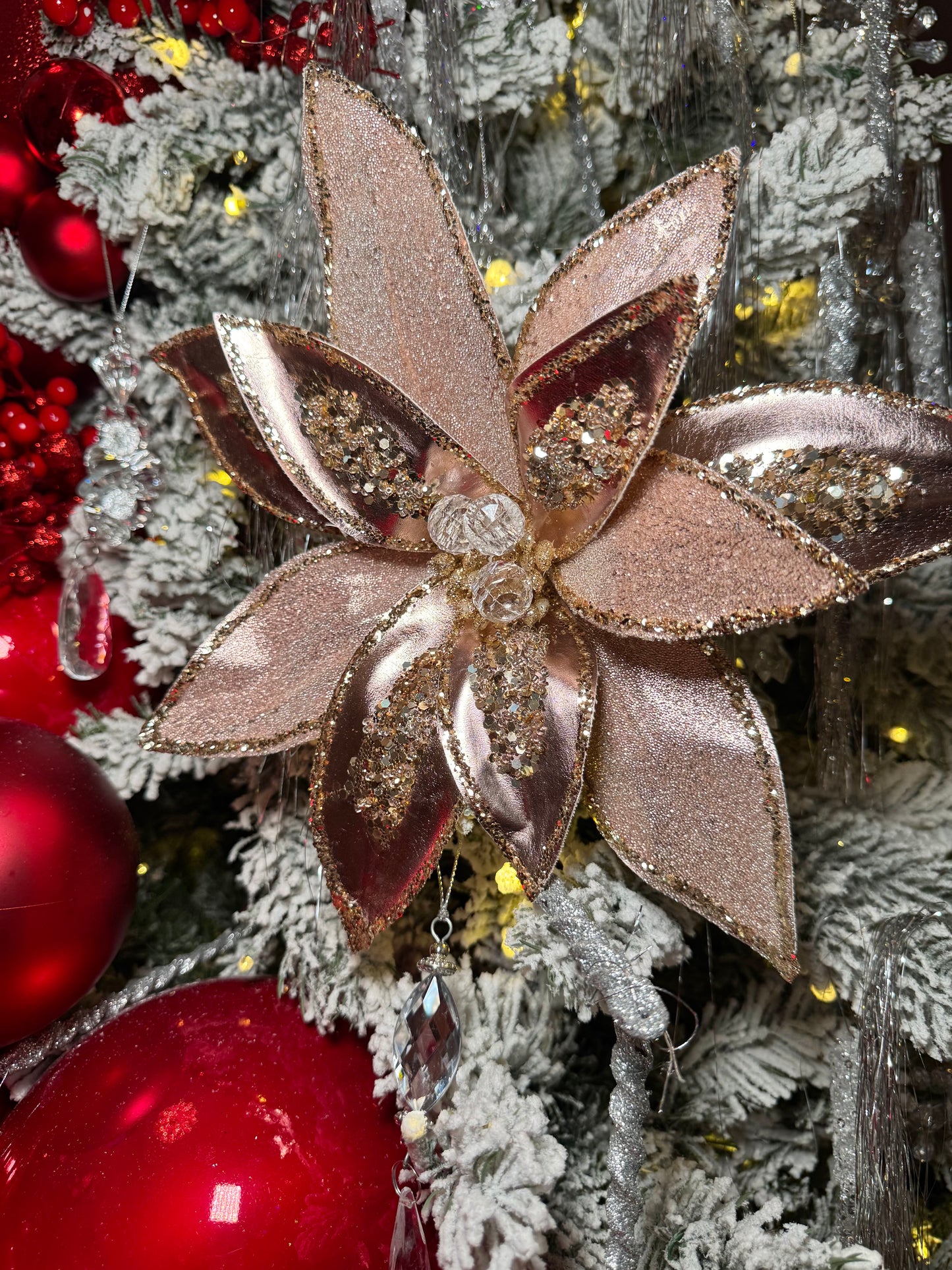 Elegant Rose Gold  Poinsettia with Crystals and Glitter 12'' Set of 3