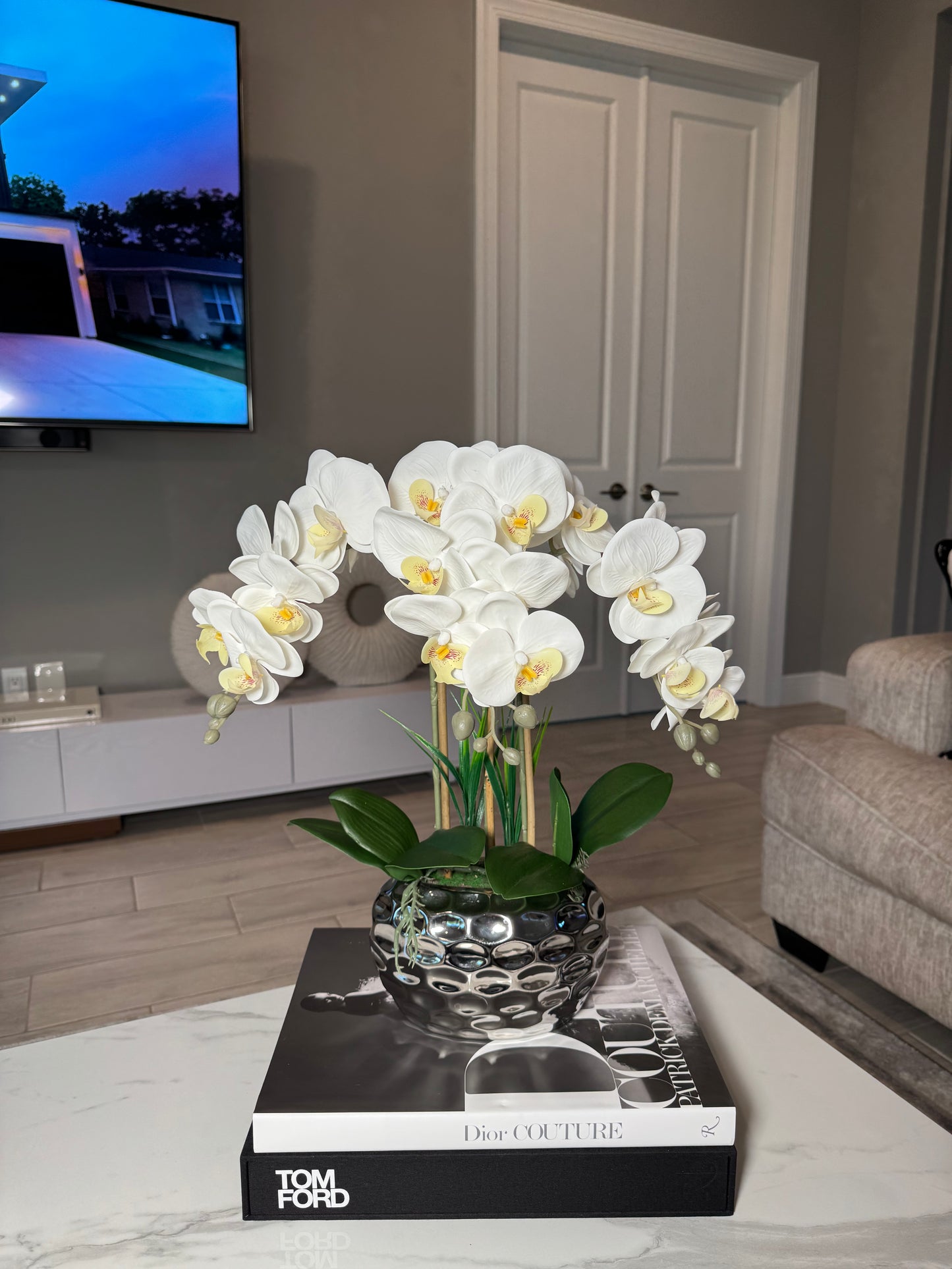 Giulia White Orchid Arrangement in Beveled Silver Ceramic Vase Silk