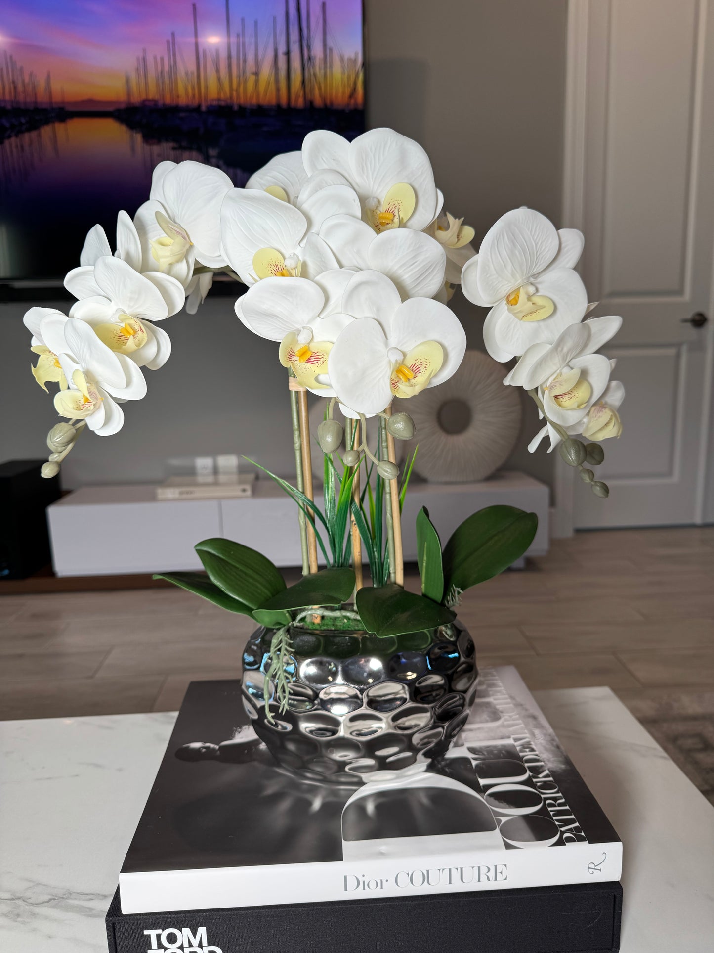 Giulia White Orchid Arrangement in Beveled Silver Ceramic Vase Silk