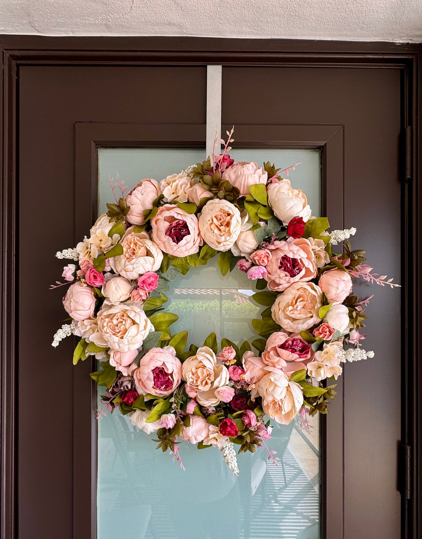 Zoey Blush Burgundy Faux Peony Flower Wreath  23" All Season Indoor Outdoor