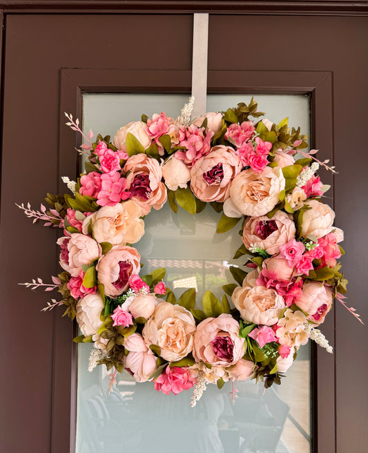 Zoey Blush Pink Faux Peony Flower Wreath  23" All Season Indoor Outdoor