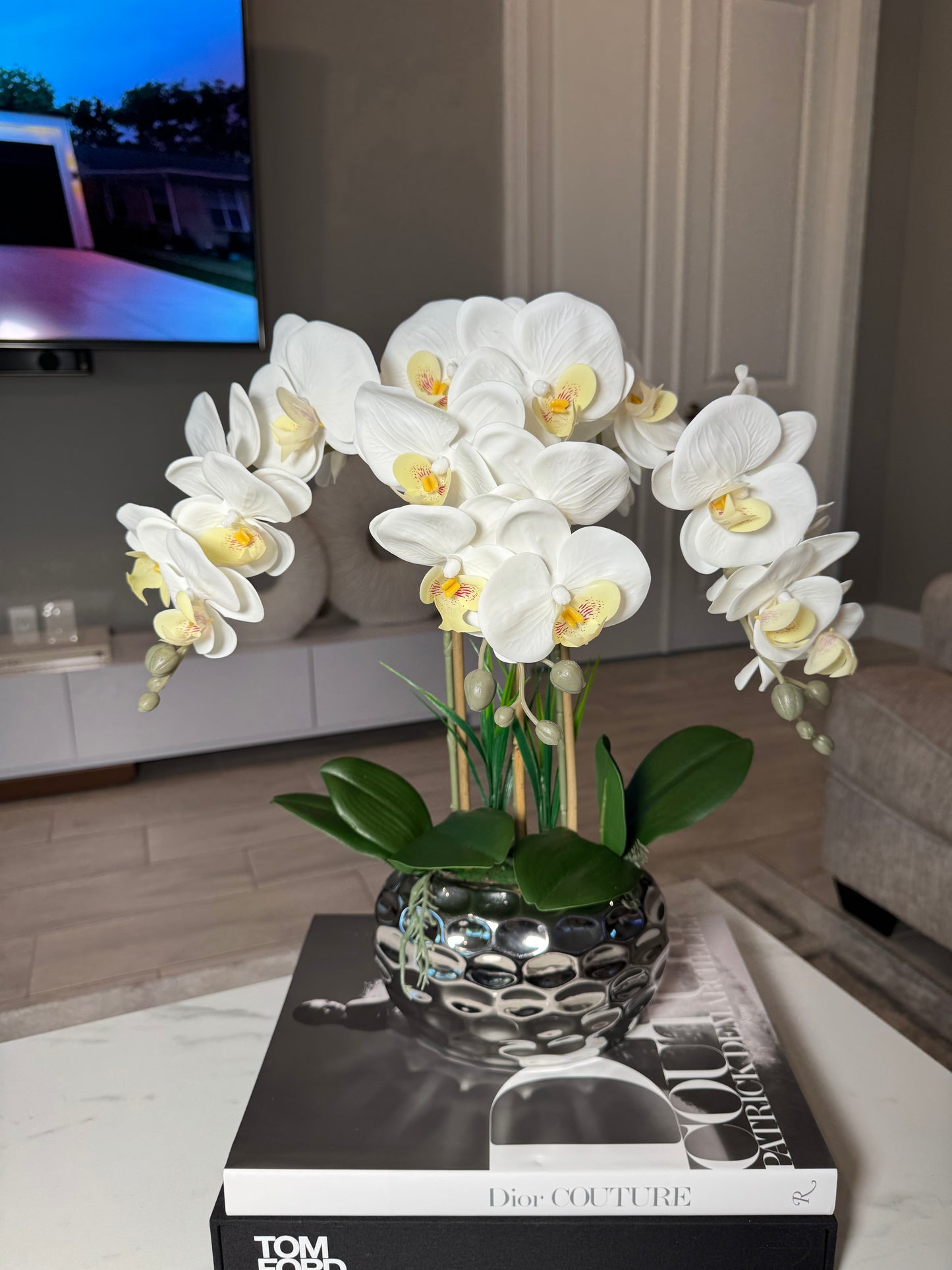 Giulia White Orchid Arrangement in Beveled Silver Ceramic Vase Silk