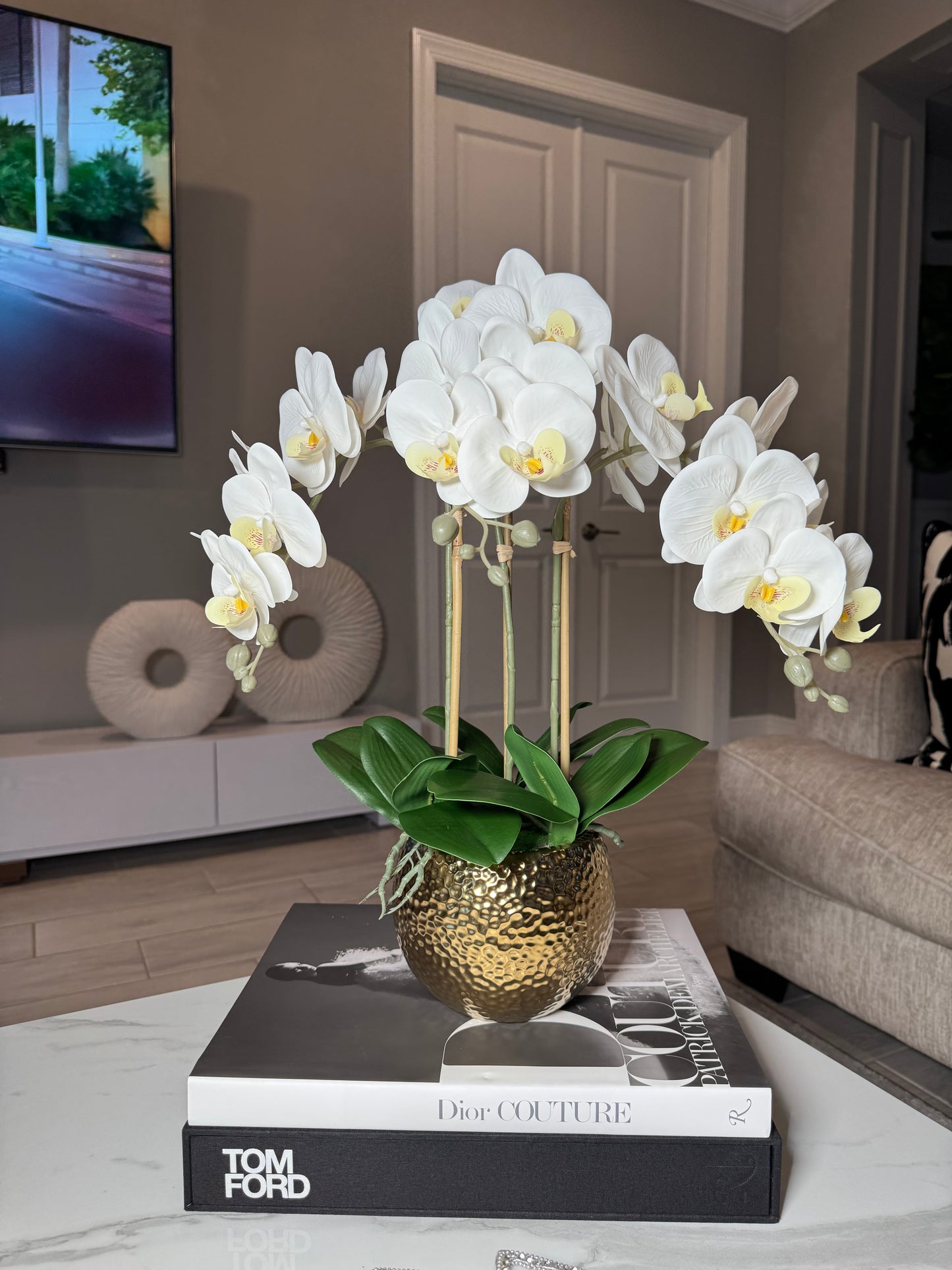 Selina Phalaenopsis Floral White Orchid Arrangement in Gold Ceramic Round Hammered Vase