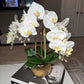 Selina Phalaenopsis Floral White Orchid Arrangement in Gold Ceramic Round Hammered Vase