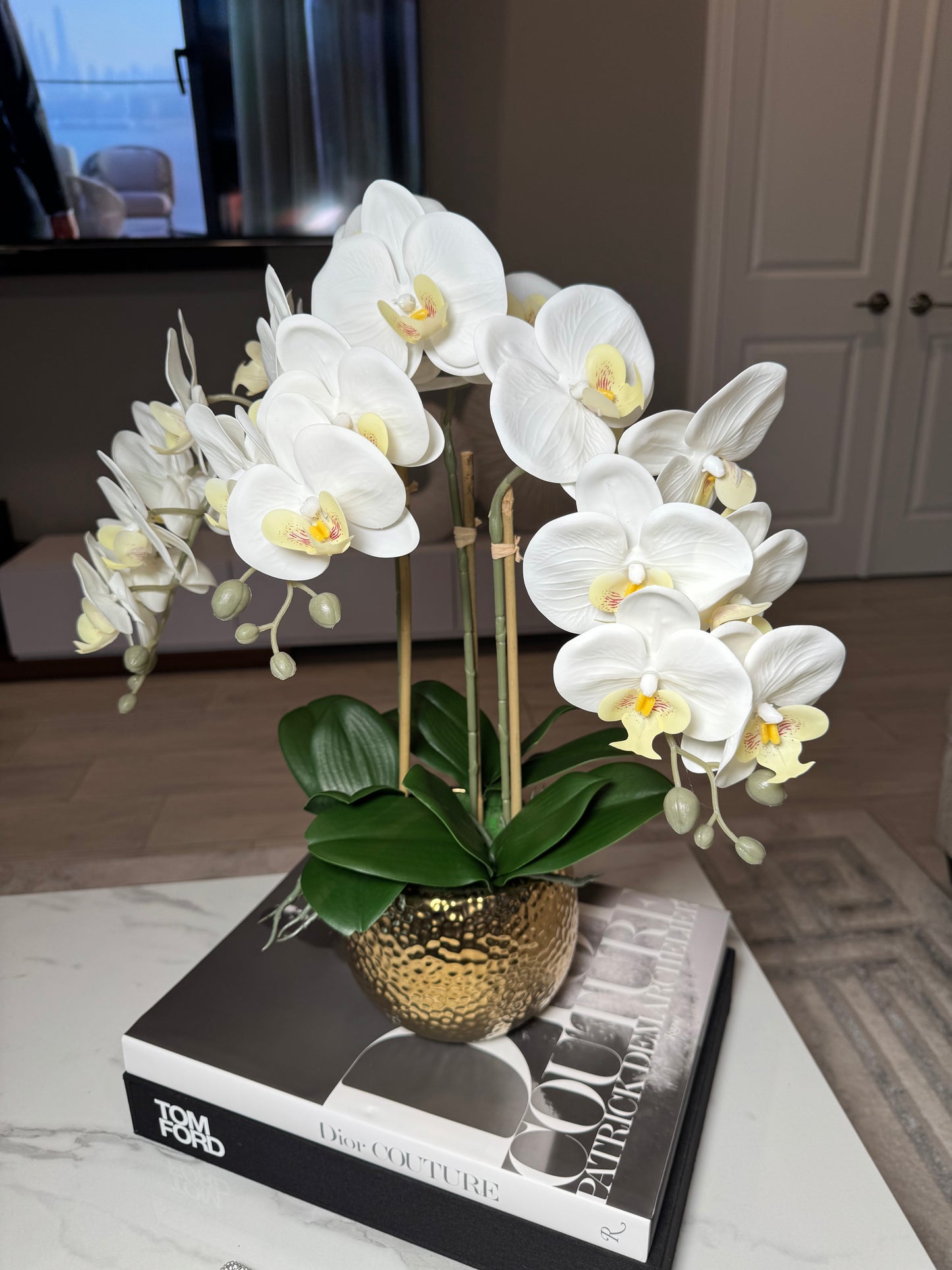 Selina Phalaenopsis Floral White Orchid Arrangement in Gold Ceramic Round Hammered Vase