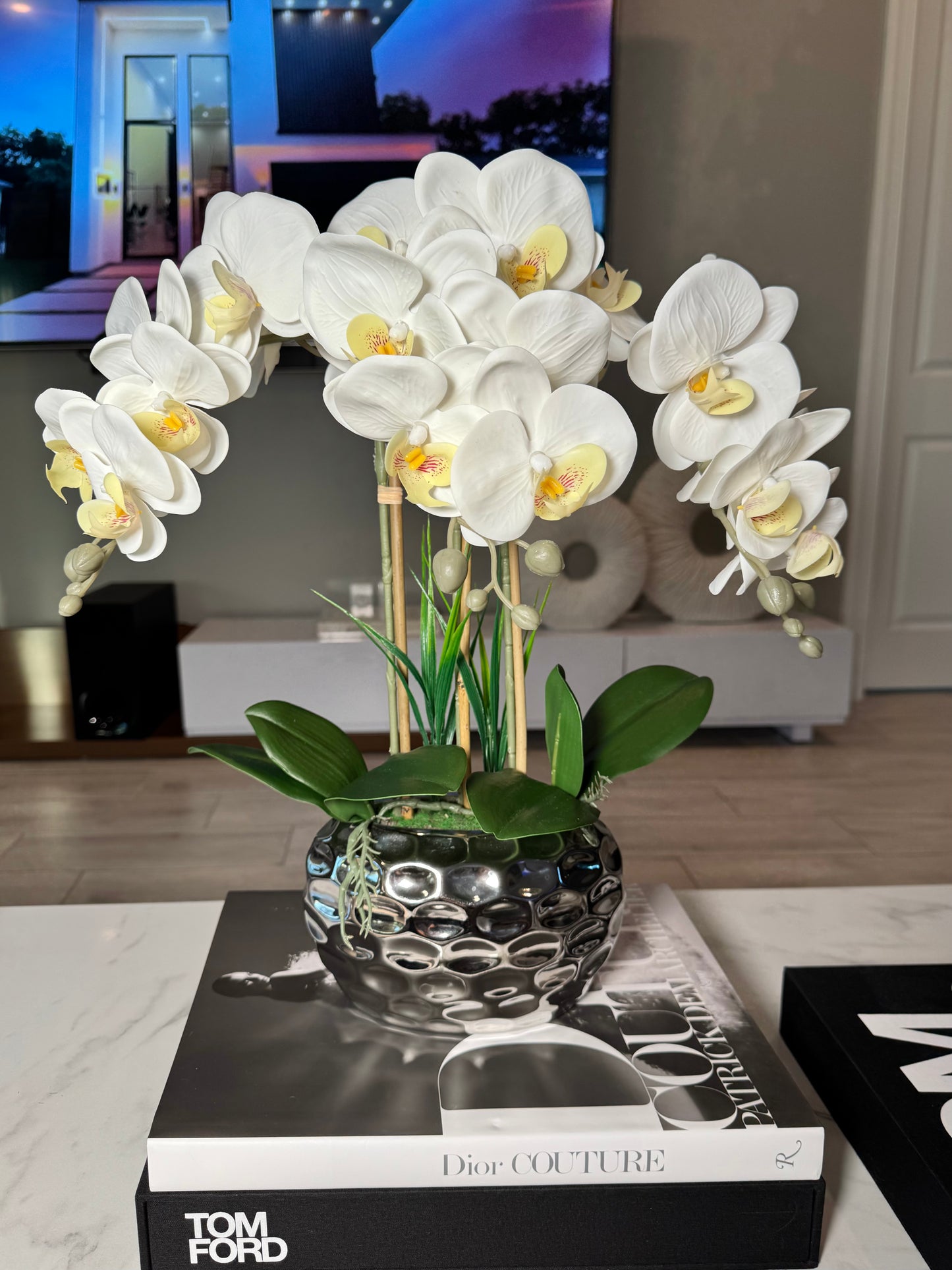 Giulia White Orchid Arrangement in Beveled Silver Ceramic Vase Silk