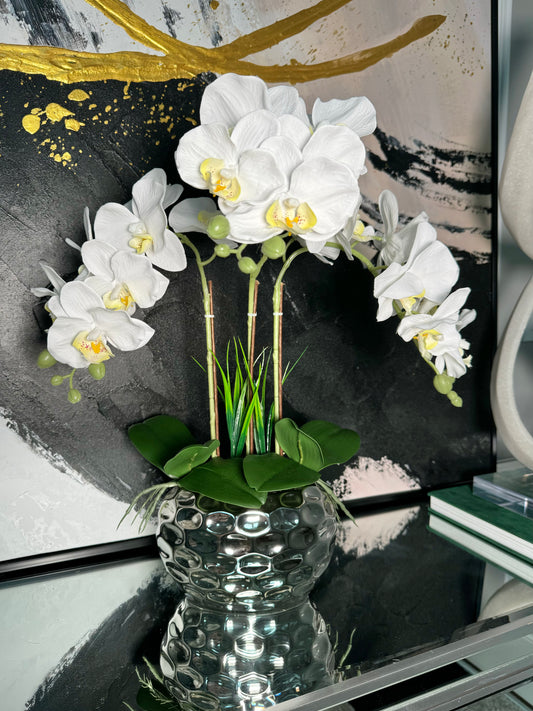 Giulia White Orchid Arrangement in Beveled Silver Ceramic Vase Silk