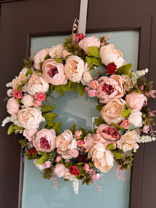 Zoey Blush Burgundy Faux Peony Flower Wreath  23" All Season Indoor Outdoor