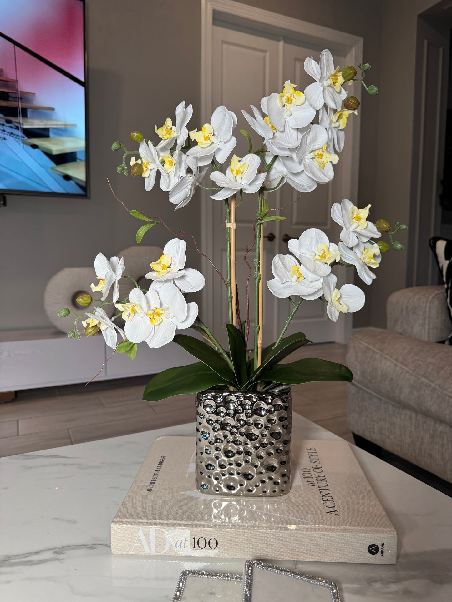 Amelie Silk Phalaenopsis Orchid Arrangement Silver Ceramic Vase