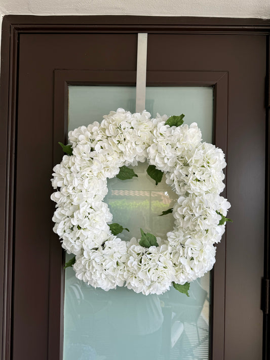 White hydrangea door wreath 