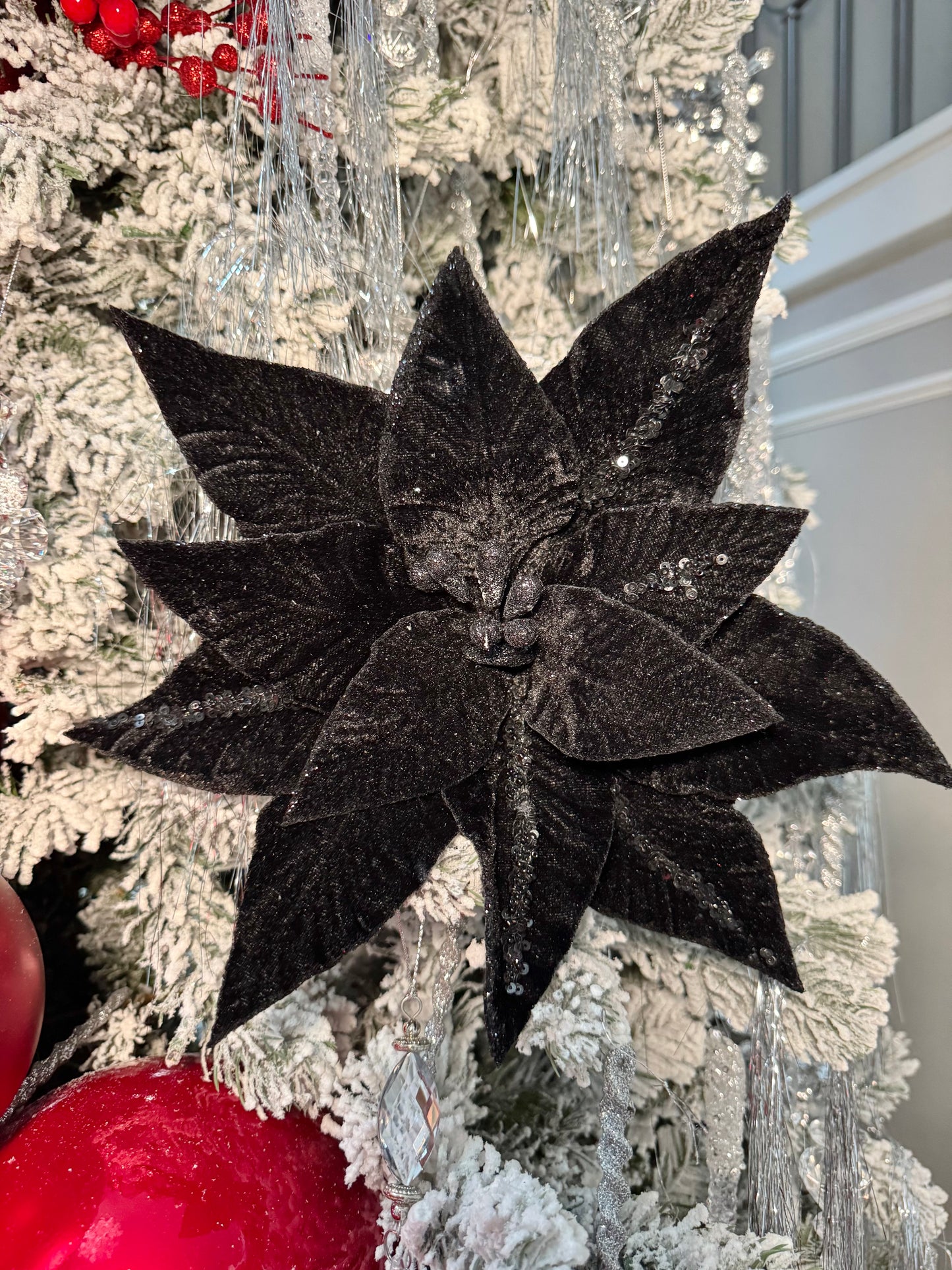 Elegant Black Velvet Glitter Poinsettia Flower set of 3 Flower