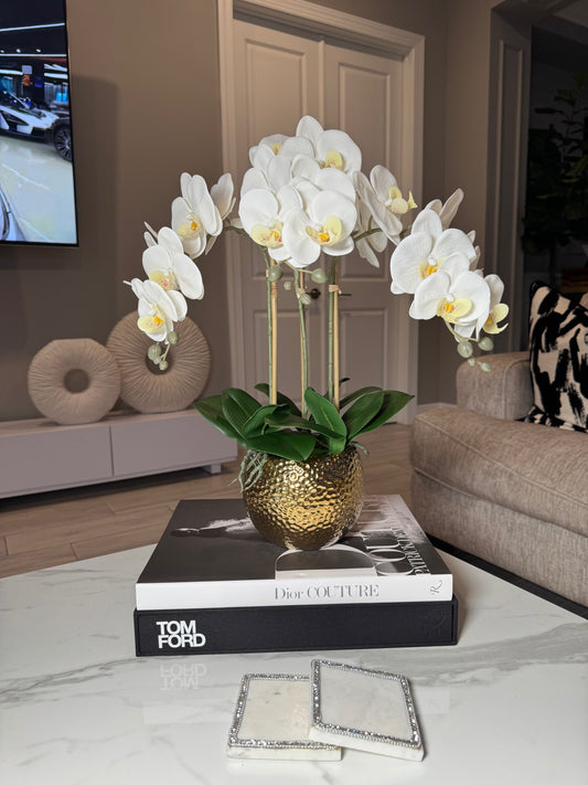 Selina Phalaenopsis Floral White Orchid Arrangement in Gold Ceramic Round Hammered Vase