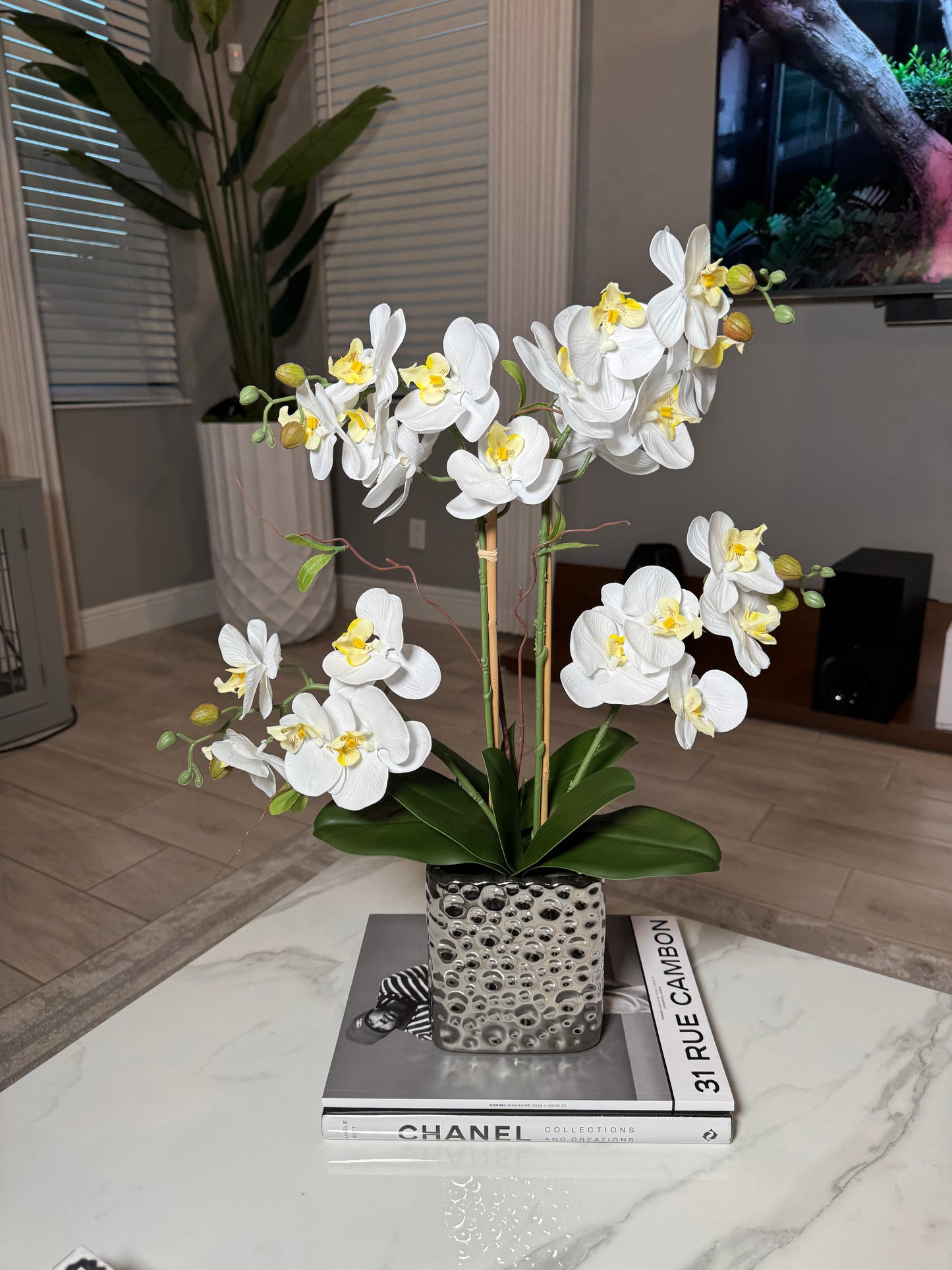 Amelie Silk Phalaenopsis Orchid Arrangement Silver Ceramic Vase