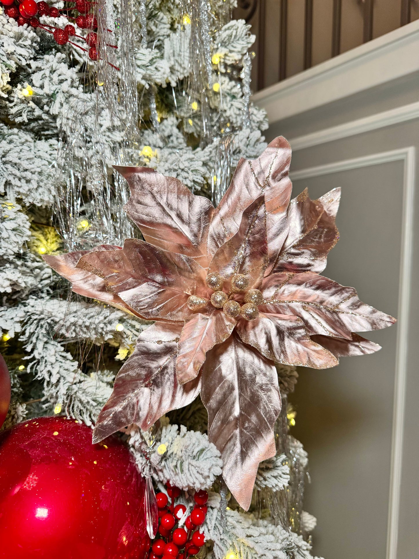 Rose Gold Metallic Poinsettia Flower Stem 14” set of 3