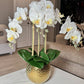 Selina Phalaenopsis Floral White Orchid Arrangement in Gold Ceramic Round Hammered Vase