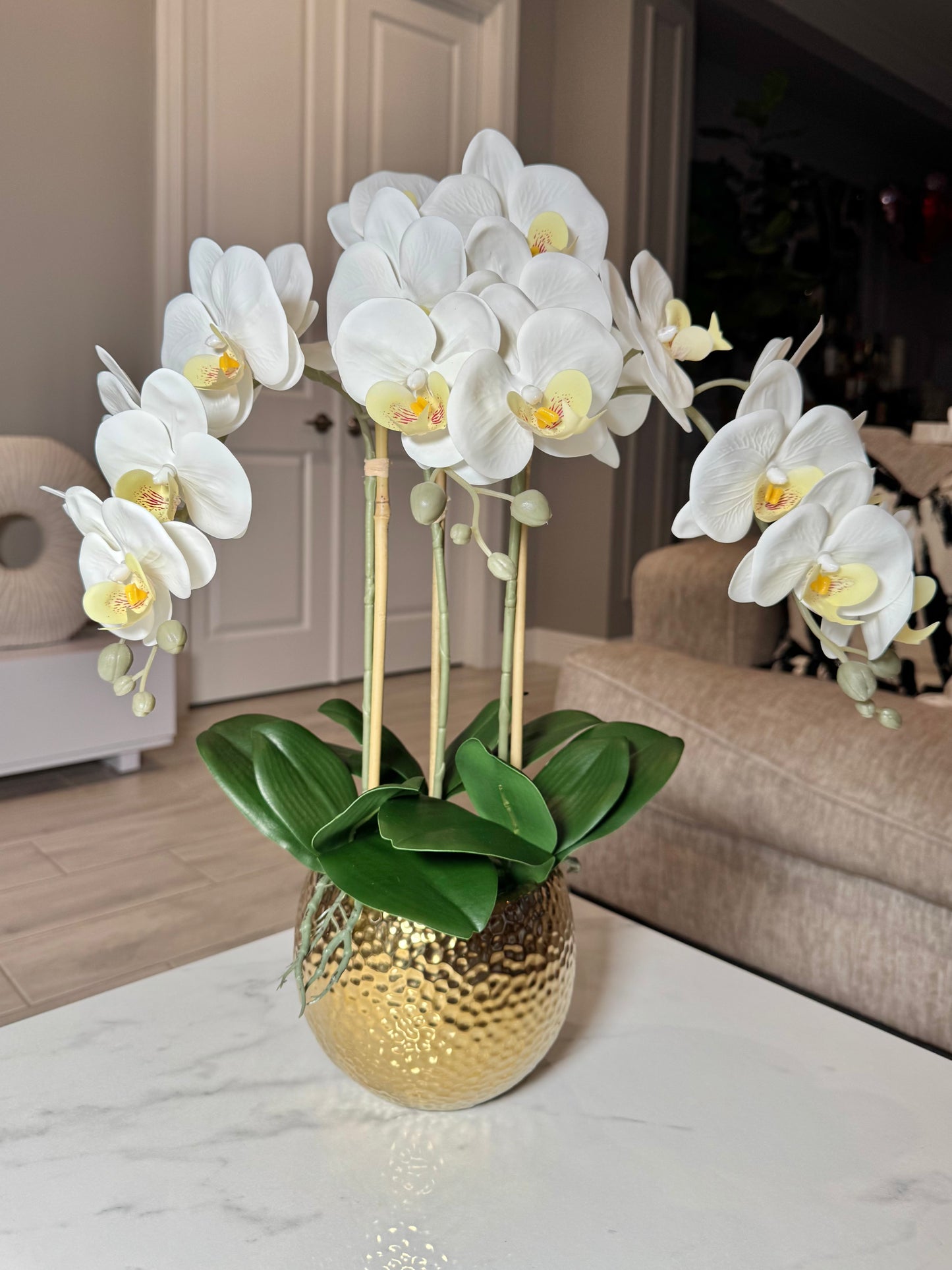 Selina Phalaenopsis Floral White Orchid Arrangement in Gold Ceramic Round Hammered Vase