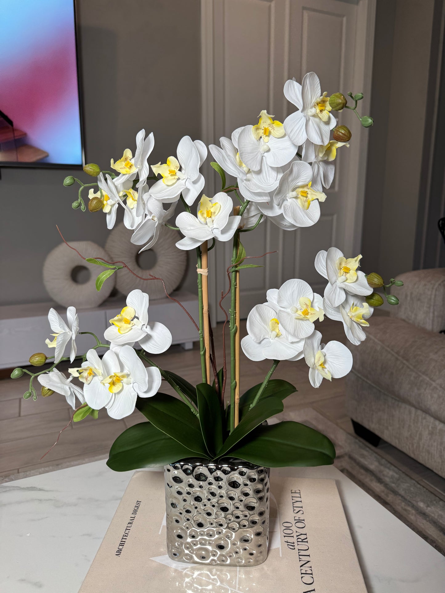 Amelie Silk Phalaenopsis Orchid Arrangement Silver Ceramic Vase