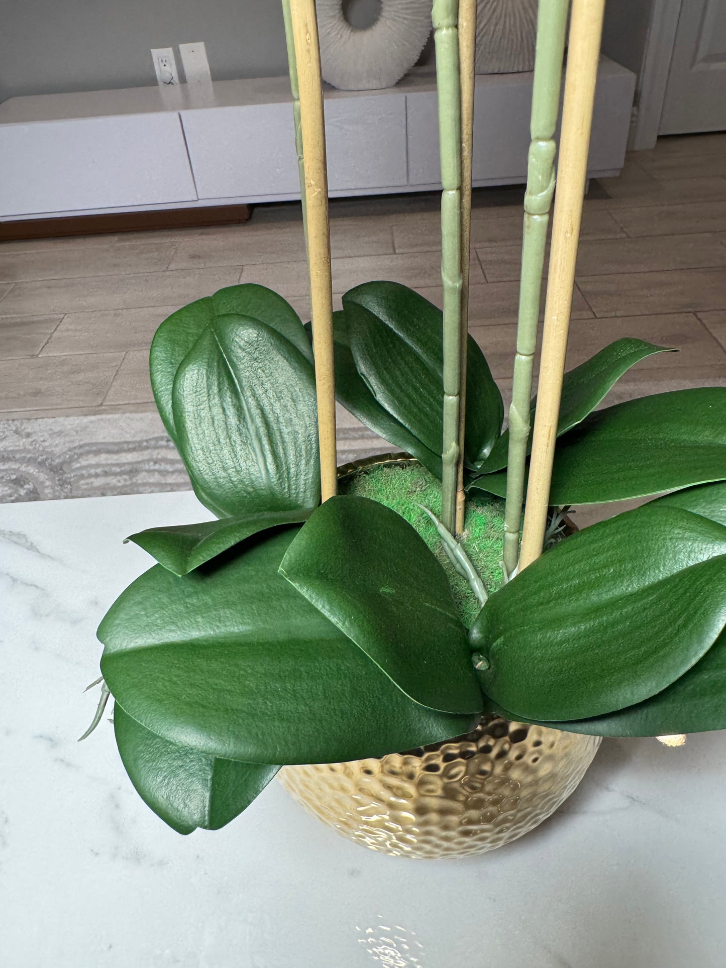 Selina Phalaenopsis Floral White Orchid Arrangement in Gold Ceramic Round Hammered Vase