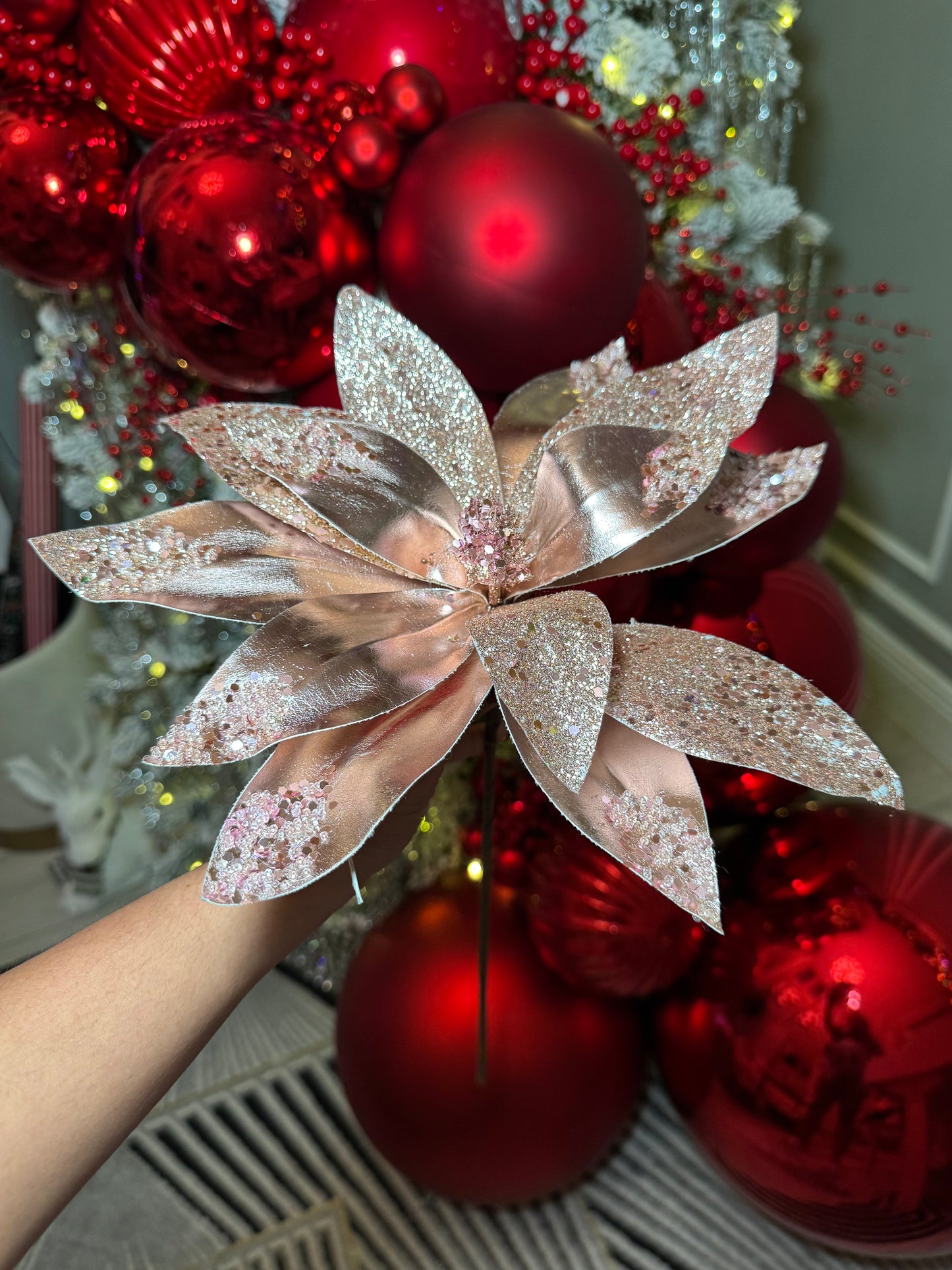 Rose Gold Metallic Poinsettia Flower Stem beaded with Sequins Set of 3