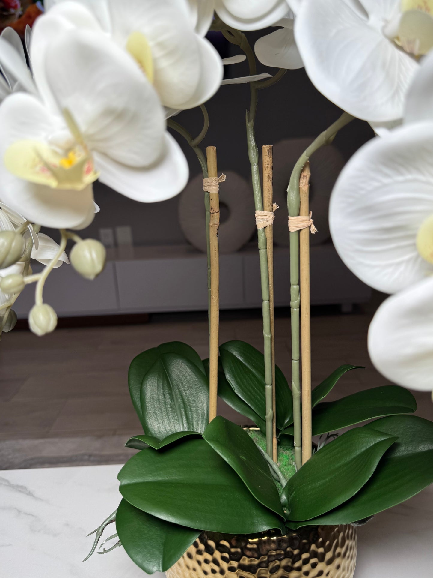 Selina Phalaenopsis Floral White Orchid Arrangement in Gold Ceramic Round Hammered Vase