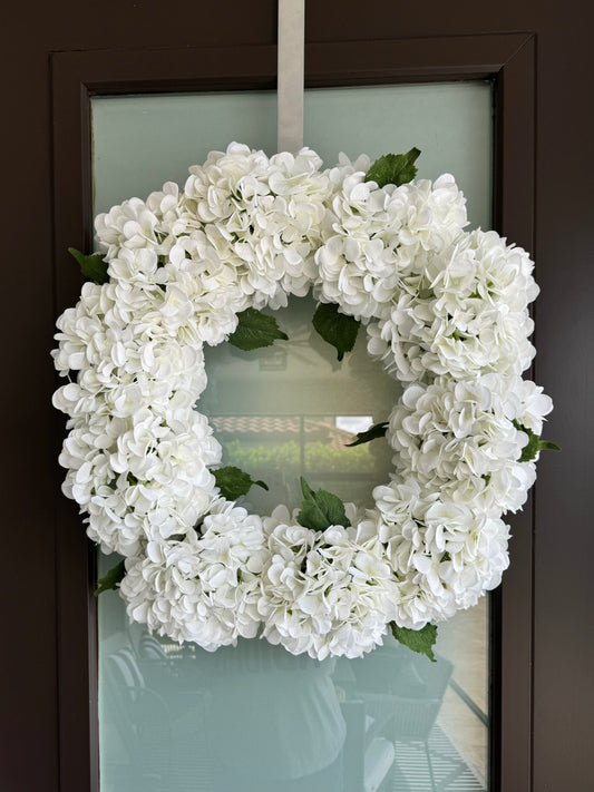 Capri White Faux Hydrangea Flower Wreath  24" - Handcrafted, Uv Resistant, All-Season, Indoor/Outdoor Decor, Perfect For Home, Wedding, Event