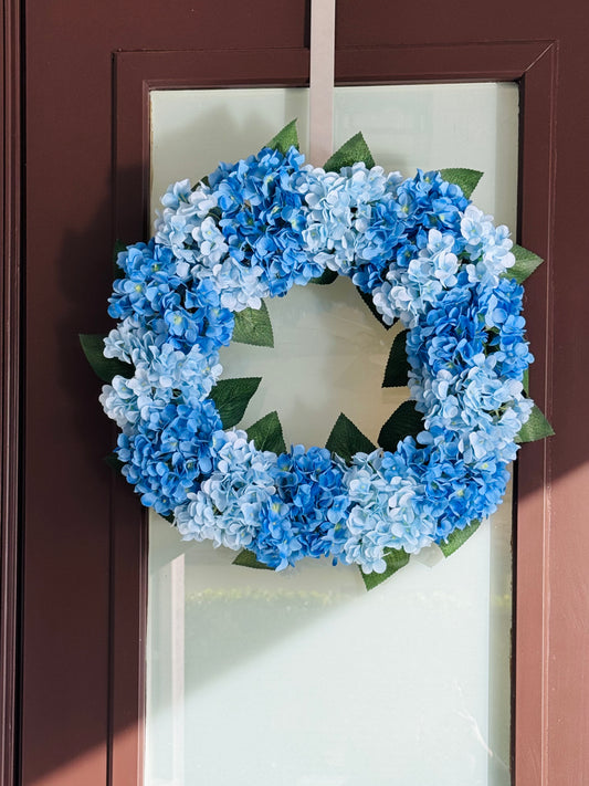 Capri Luxury Mixed Blue Silk Large Hydrangea Wreath, 22 In Indoor outdoor use