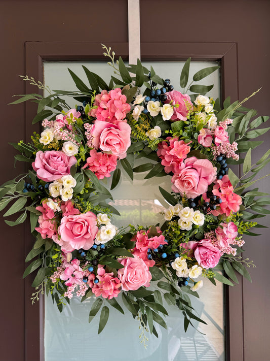 Lyla Pink Rose Green Beech Door Wreath  24" All Season Indoor Outdoor