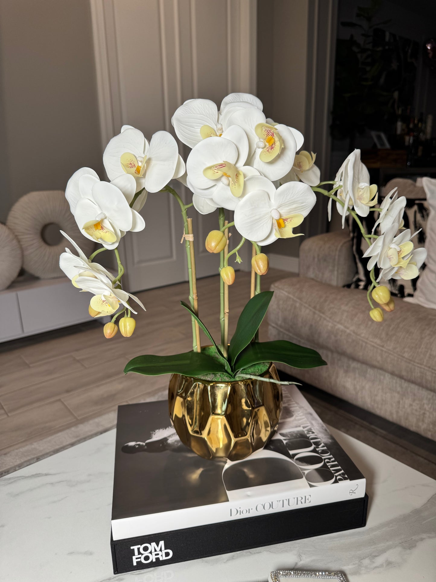 Amira Large Real Touch Phalaenopsis Orchid Floral Arrangement in Round Ribbed Gold Vase