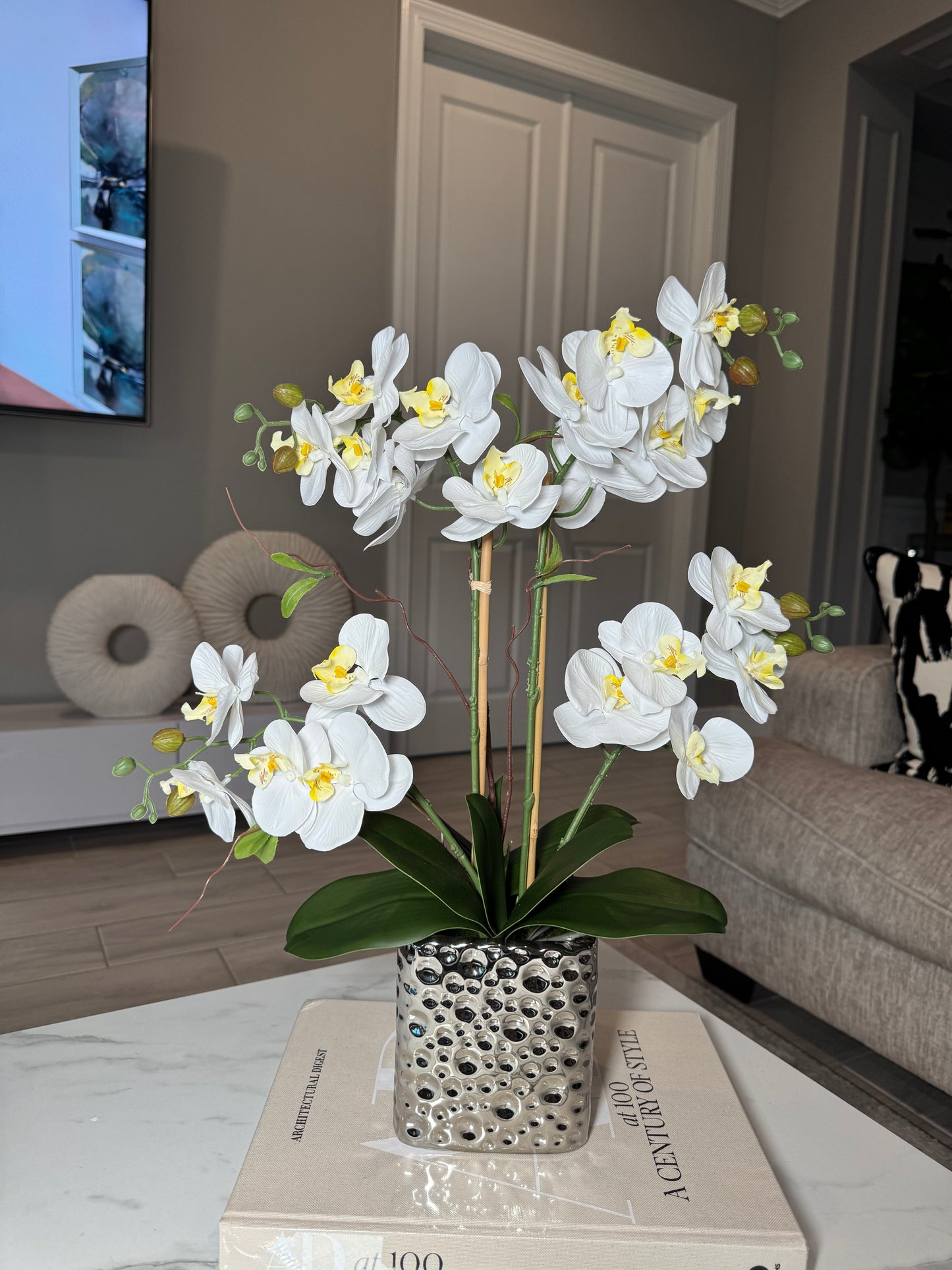 Amelie Silk Phalaenopsis Orchid Arrangement Silver Ceramic Vase