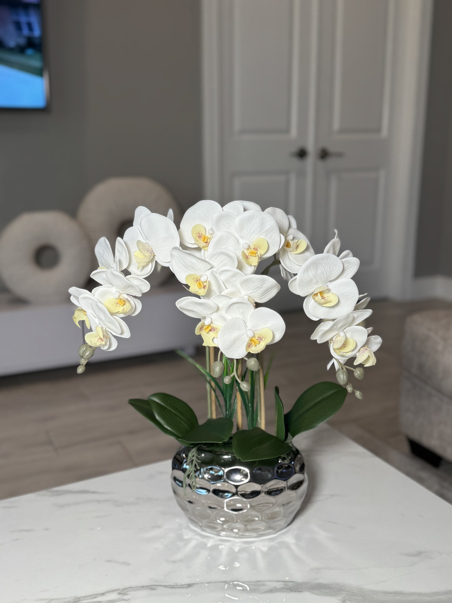 Giulia White Orchid Arrangement in Beveled Silver Ceramic Vase Silk