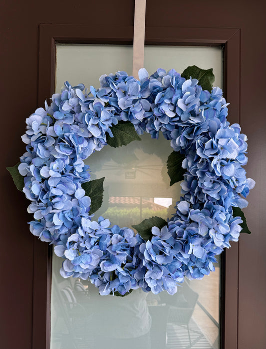 Capri Large Luxury Blue Silk Hydrangea Wreath, 24in All Season UV Resistant