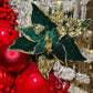 Emerald Green and Gold Velvet Poinsettia Christmas Flower Stem Spray 13'' Set of 3