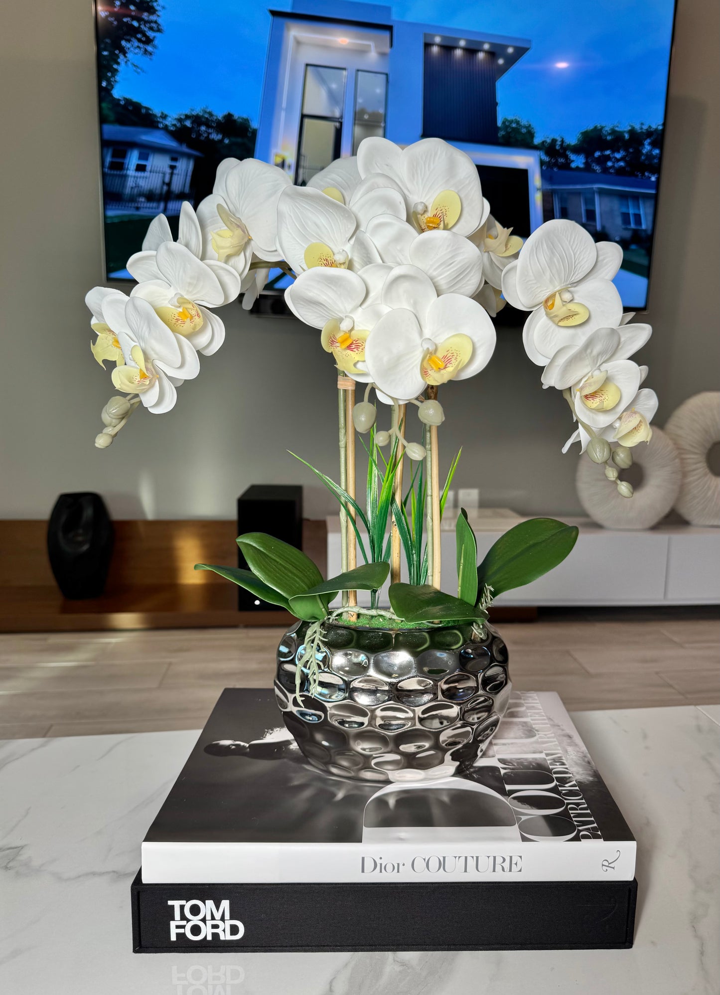 Giulia White Orchid Arrangement in Beveled Silver Ceramic Vase Silk