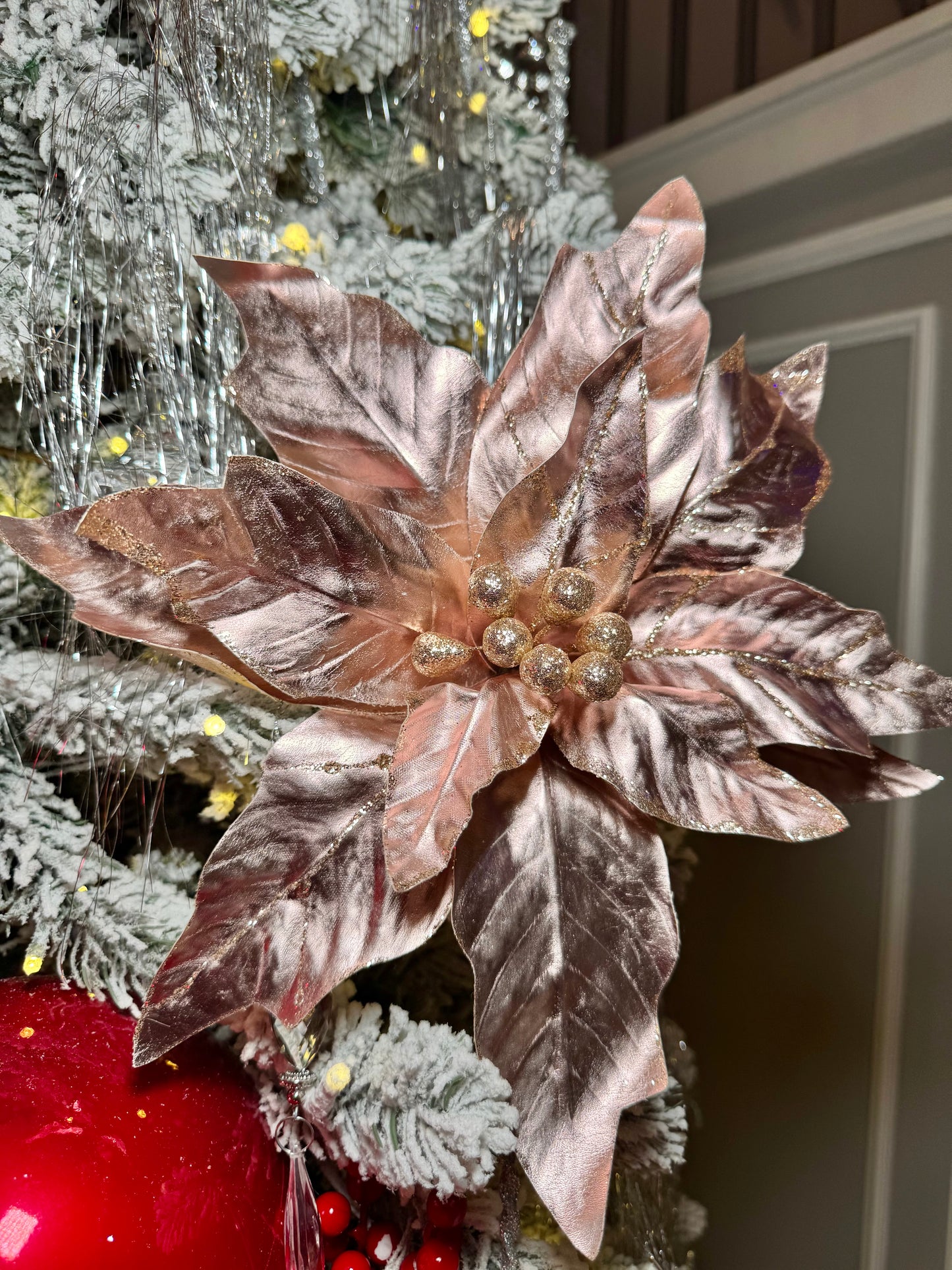 Rose Gold Metallic Poinsettia Flower Stem 14” set of 3