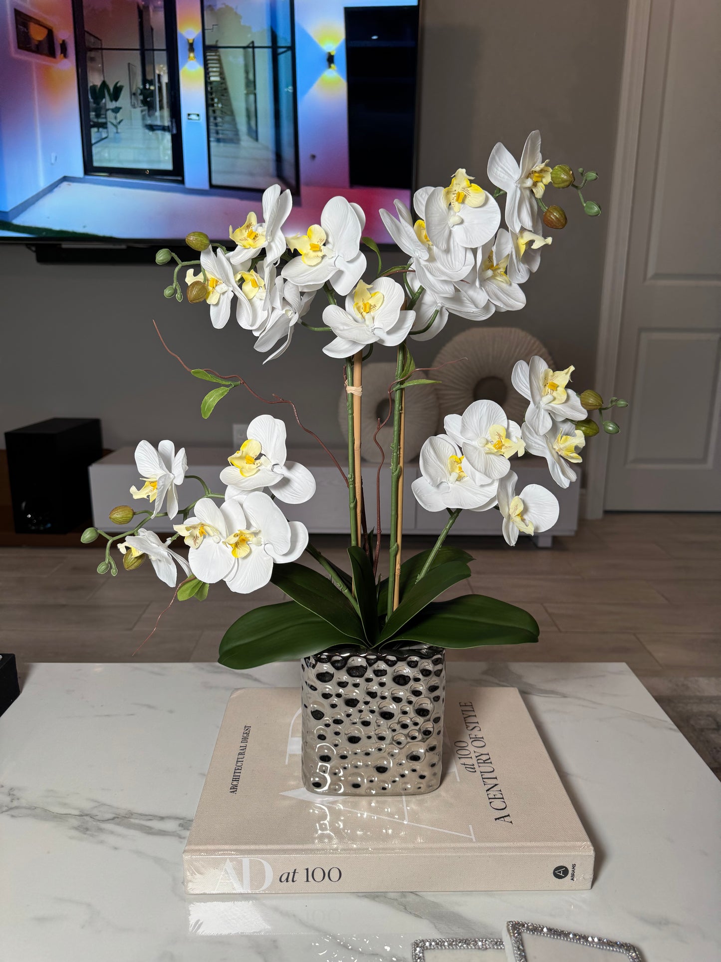 Amelie Silk Phalaenopsis Orchid Arrangement Silver Ceramic Vase