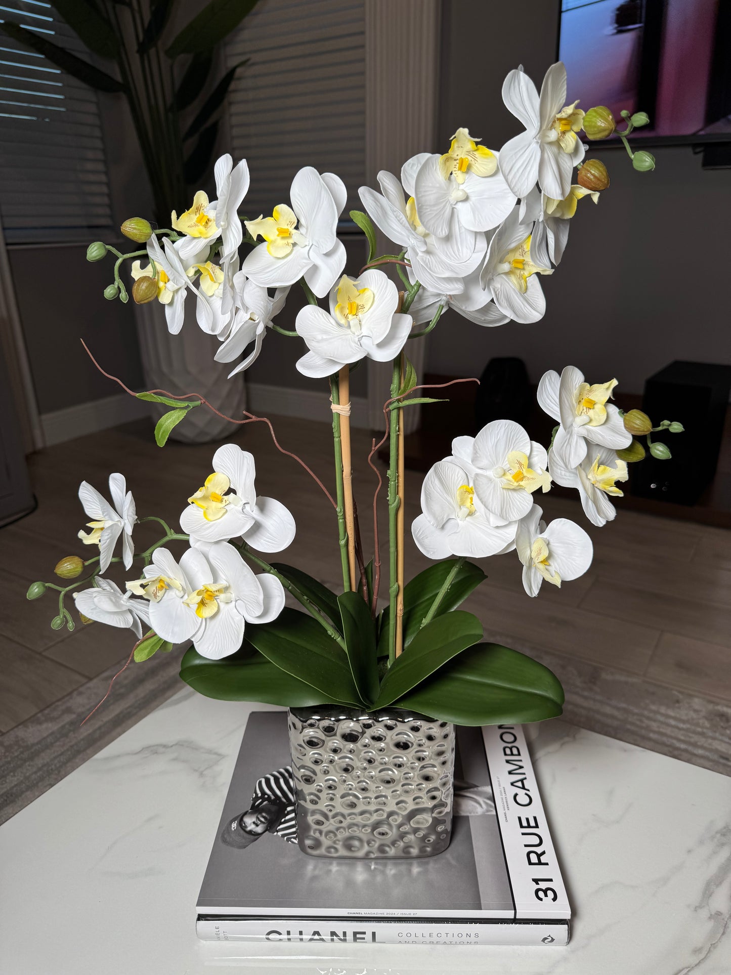 Amelie Silk Phalaenopsis Orchid Arrangement Silver Ceramic Vase