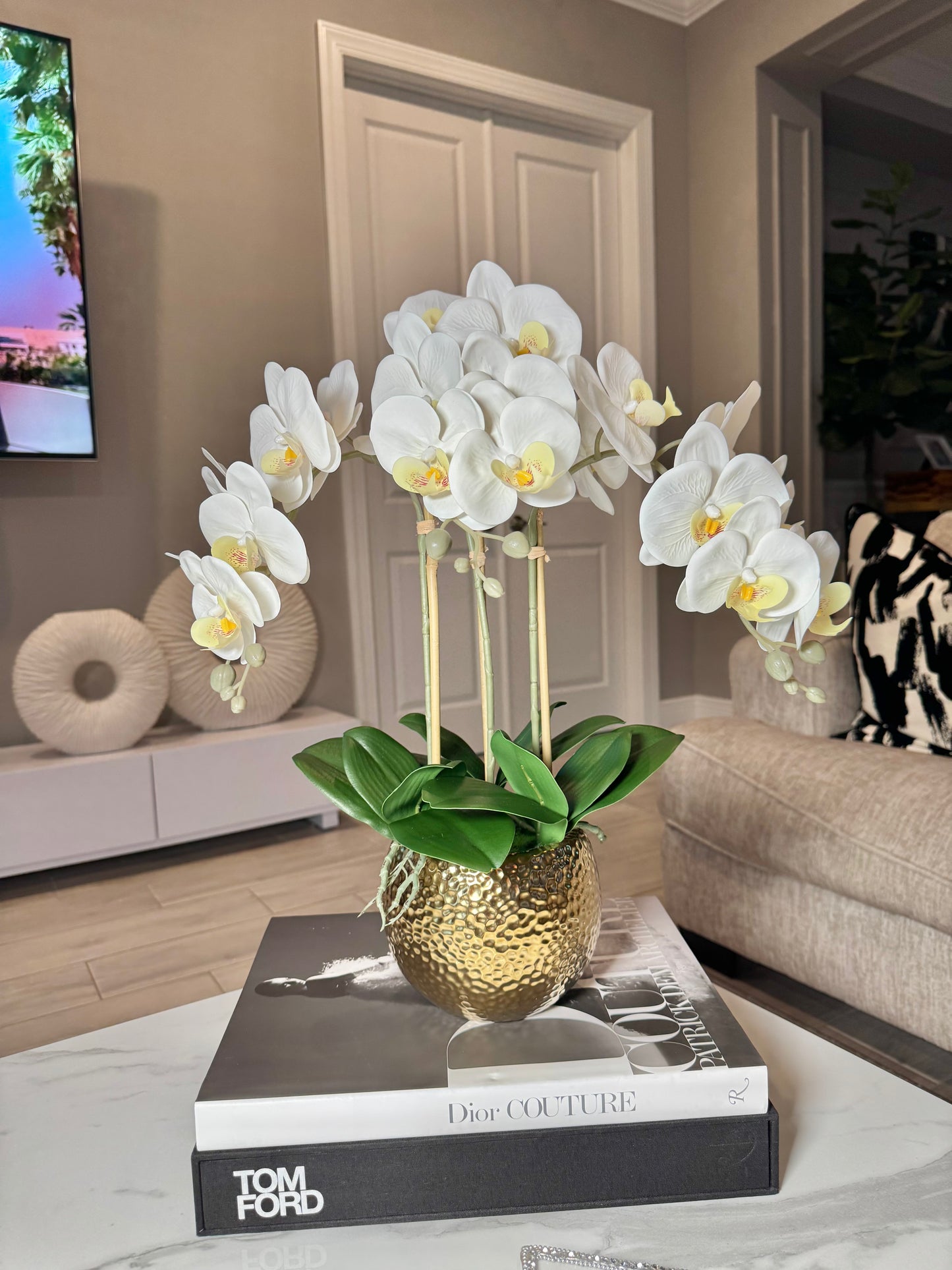 Selina Phalaenopsis Floral White Orchid Arrangement in Gold Ceramic Round Hammered Vase