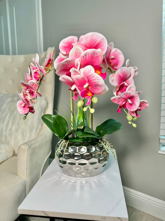 Giulia Real Touch Pink White Orchid Arrangement in Beveled Silver Vase