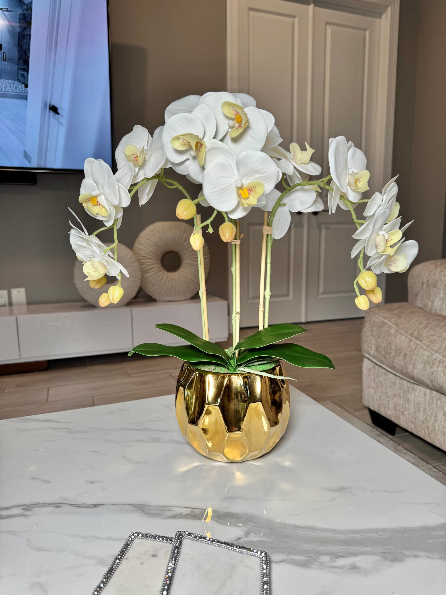 Amira Large Real Touch Phalaenopsis Orchid Floral Arrangement in Round Ribbed Gold Vase