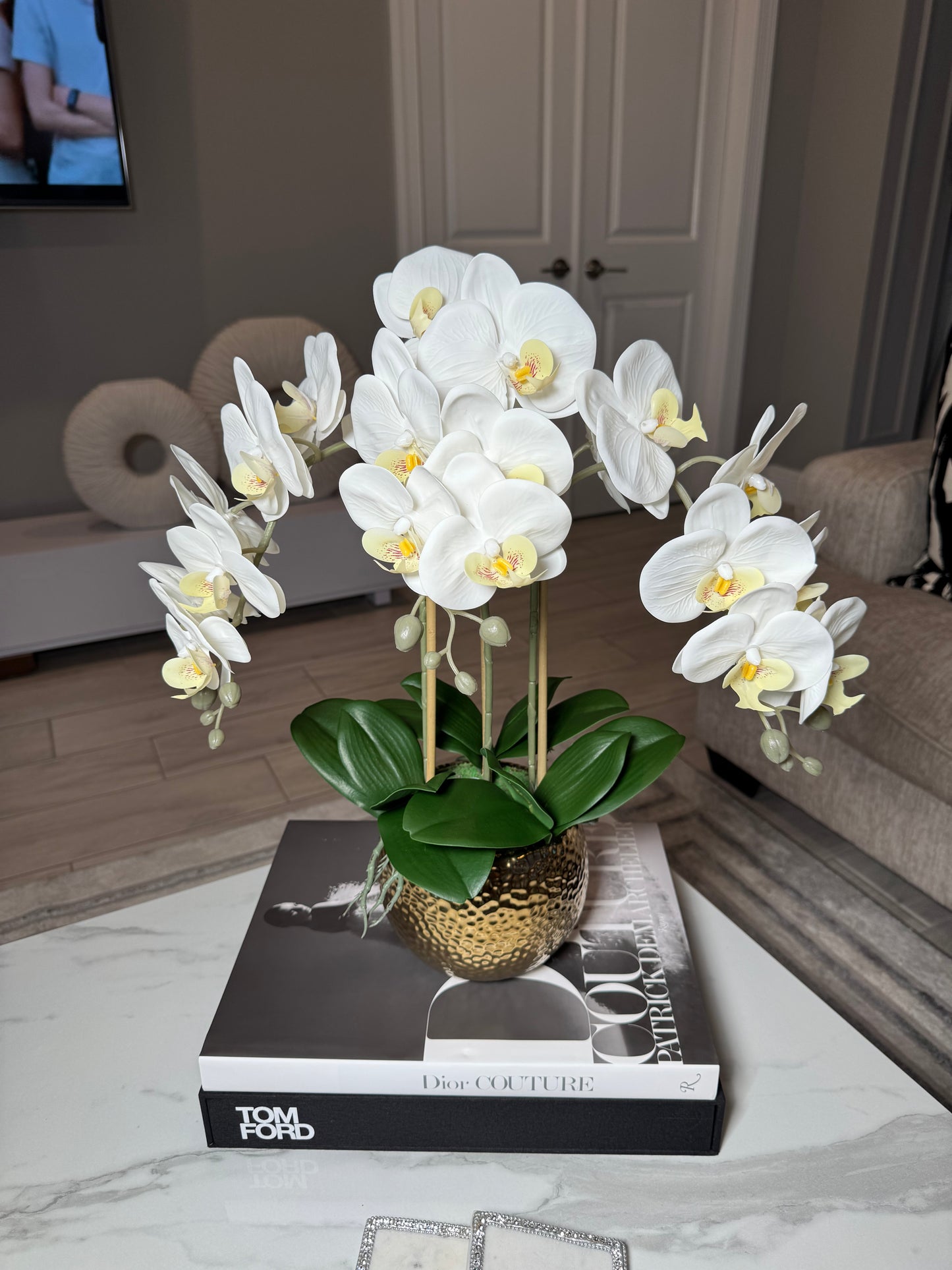 Selina Phalaenopsis Floral White Orchid Arrangement in Gold Ceramic Round Hammered Vase