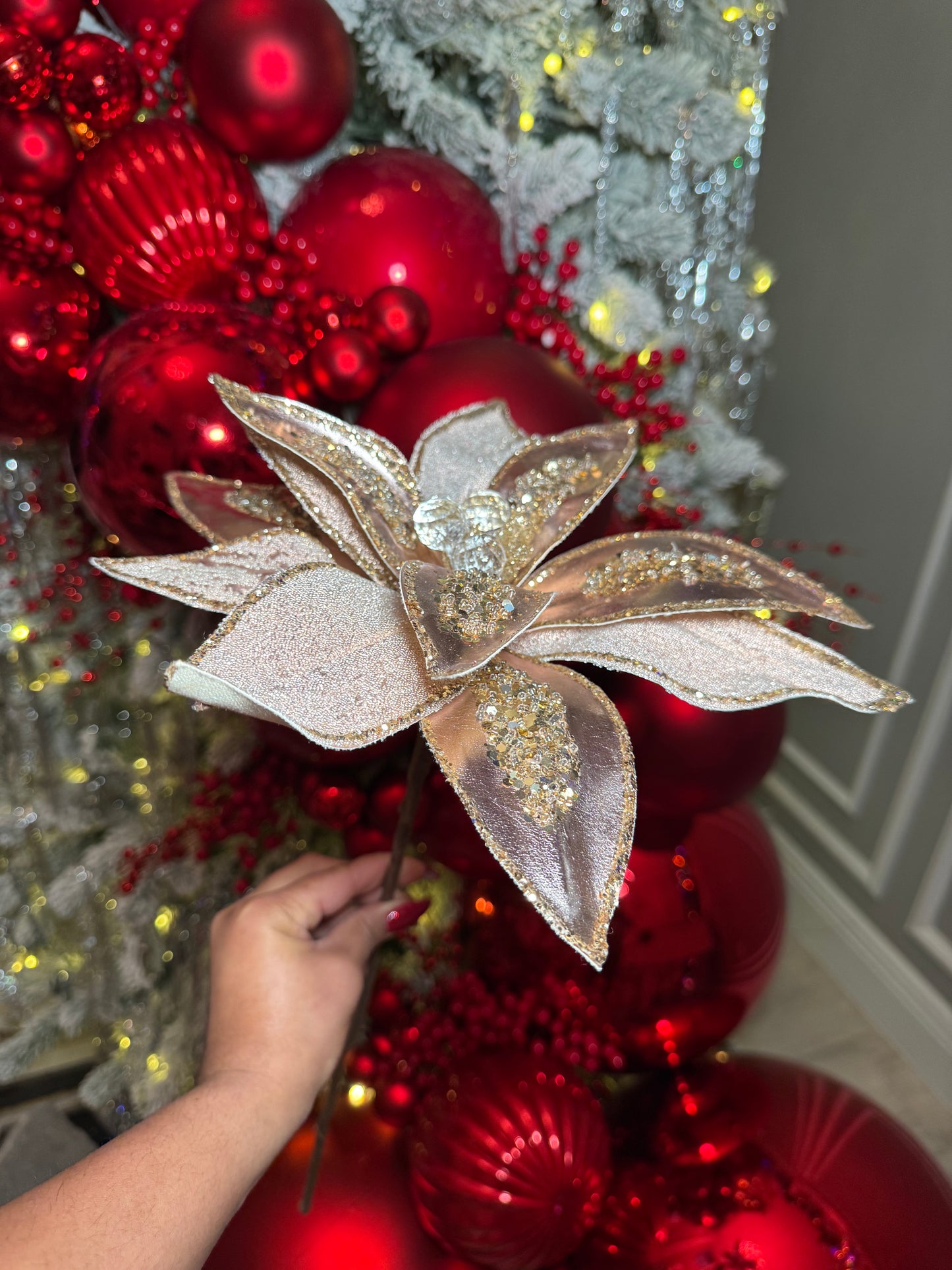 Elegant Rose Gold  Poinsettia with Crystals and Glitter 12'' Set of 3