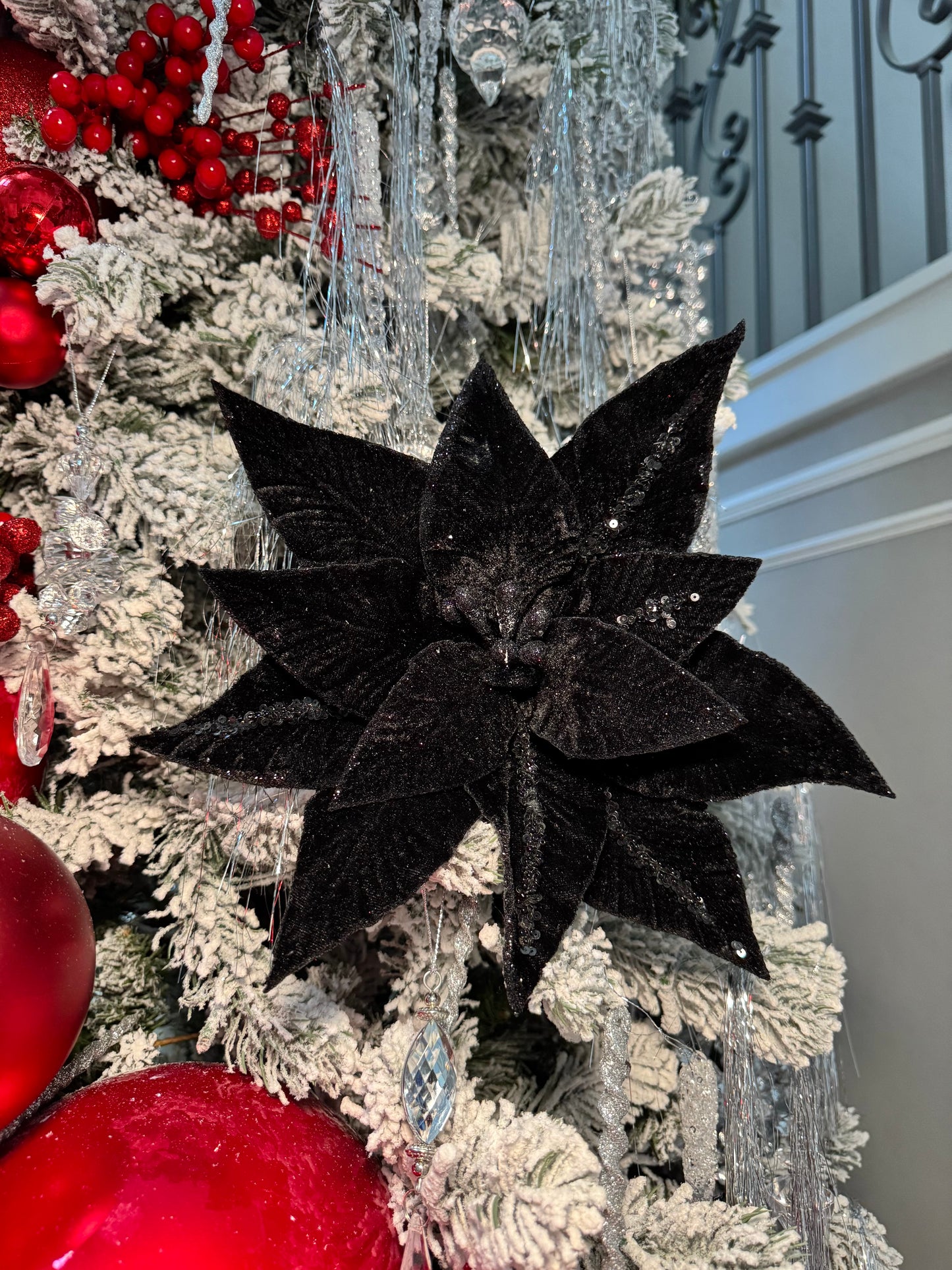 Elegant Black Velvet Glitter Poinsettia Flower set of 3 Flower