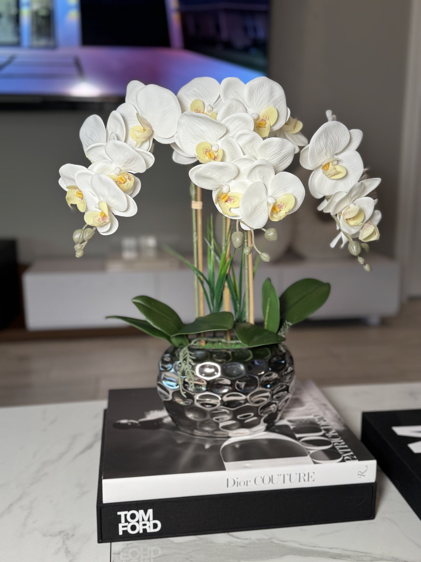 Giulia White Orchid Arrangement in Beveled Silver Ceramic Vase Silk