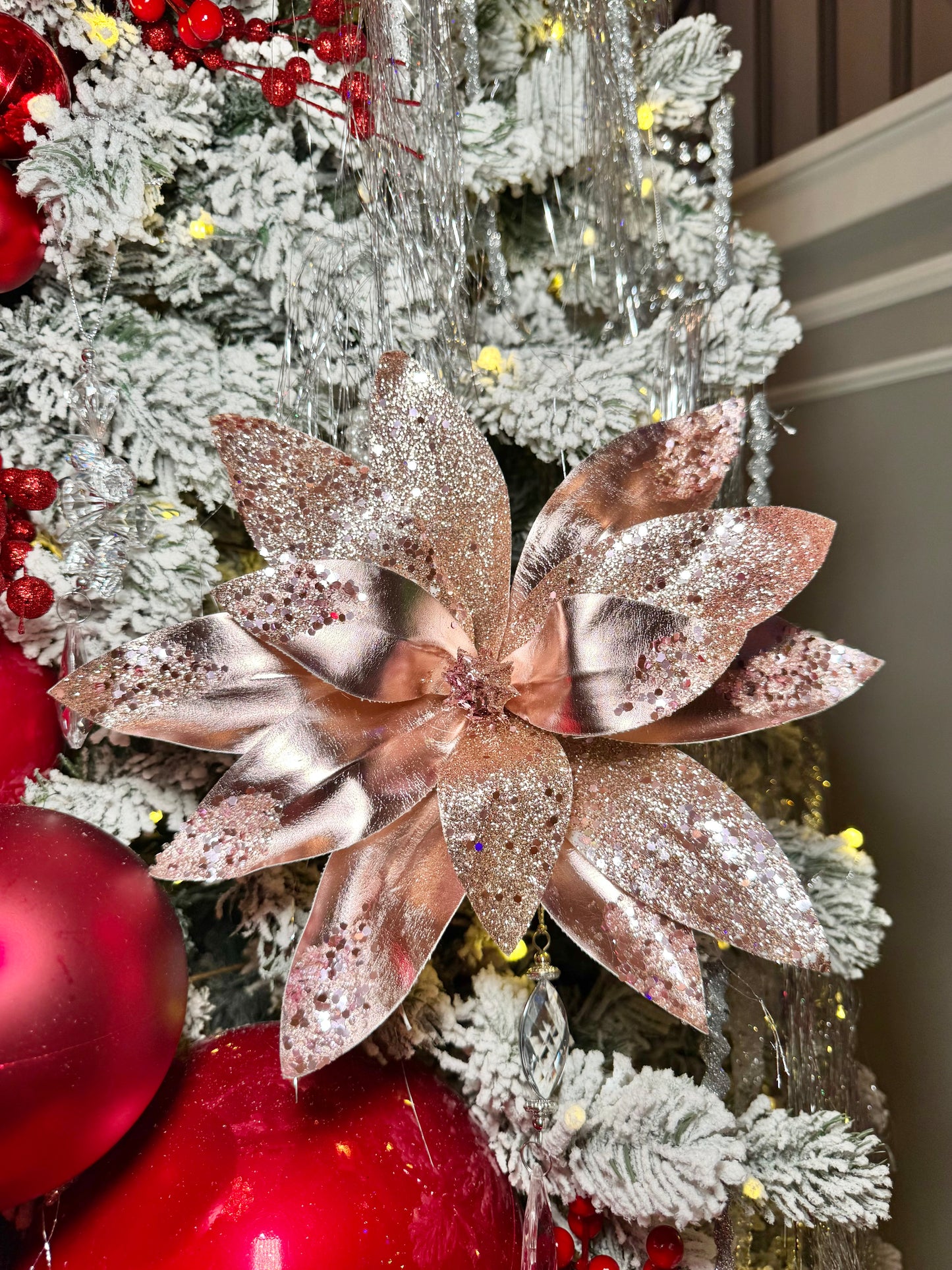 Rose Gold Metallic Poinsettia Flower Stem beaded with Sequins Set of 3