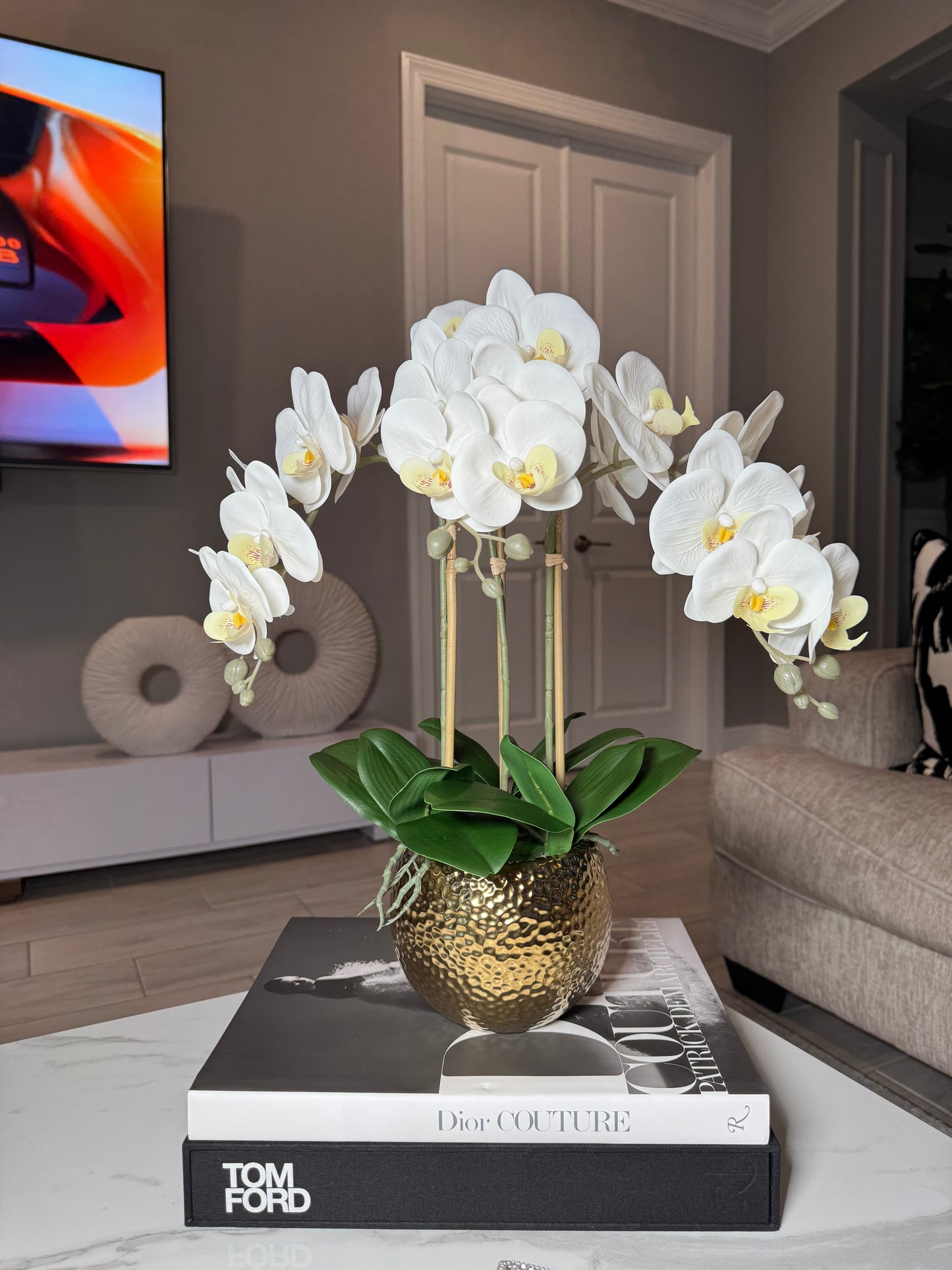 Selina Phalaenopsis Floral White Orchid Arrangement in Gold Ceramic Round Hammered Vase