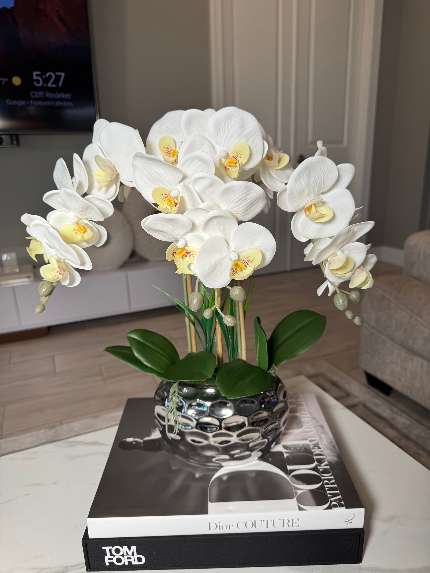 Giulia White Orchid Arrangement in Beveled Silver Ceramic Vase Silk