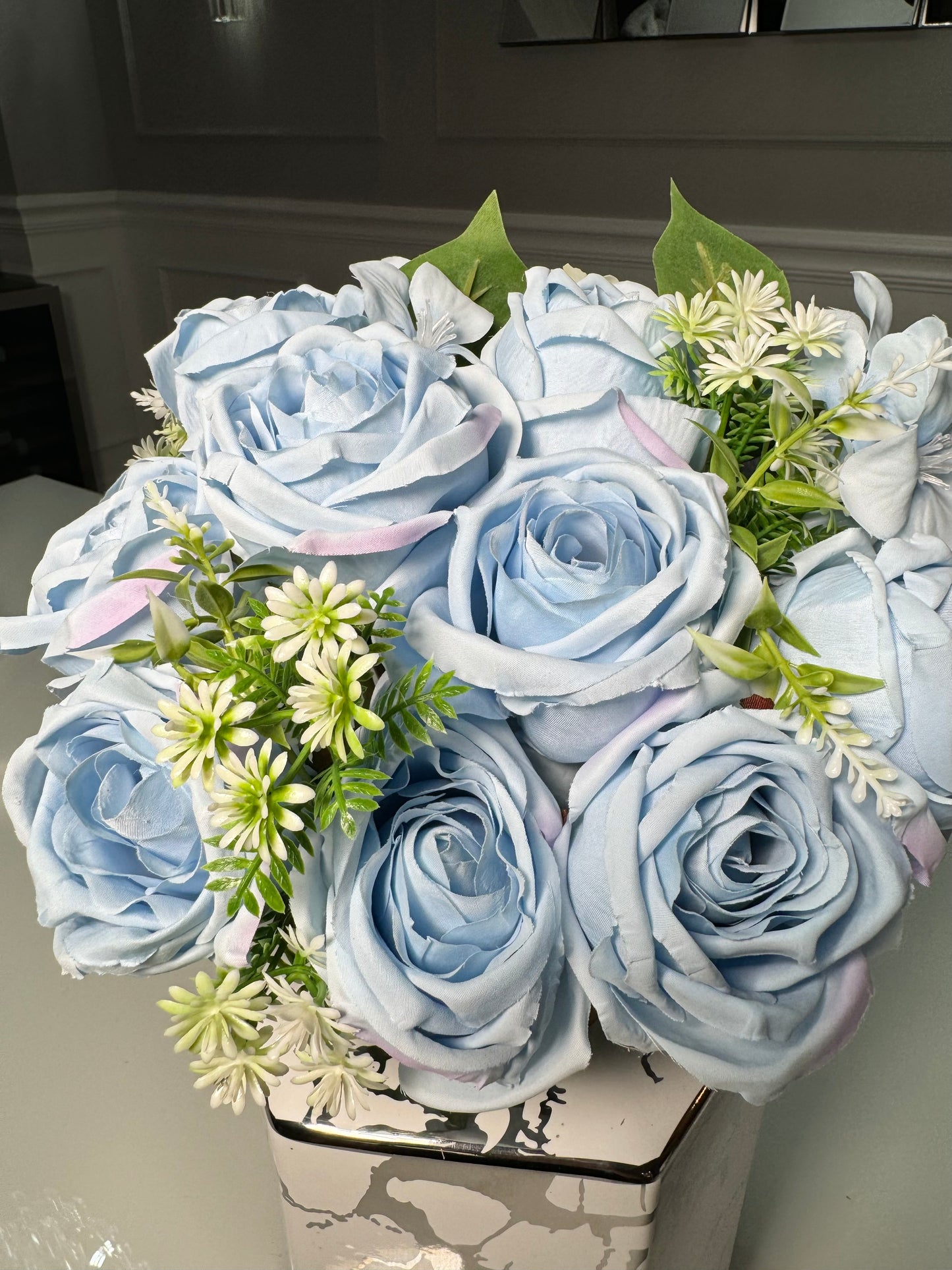 Silk Rose Flower Bouquet Light Blue and Pink 6 roses high quality roses