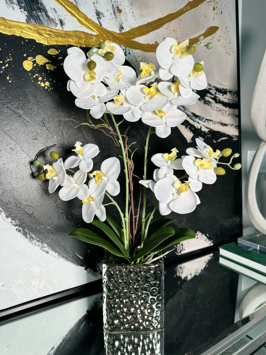 White Silk Phalaenopsis Orchid Arrangement Silver Ceramic Vase