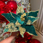 Emerald Green and Gold Velvet Poinsettia Christmas Flower Stem Spray 13'' Set of 3